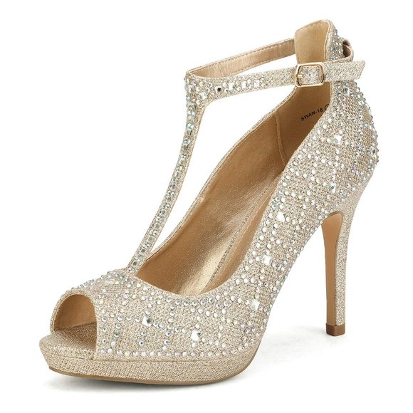 NIB DREAM PAIRS Women's Gold Glitter Open Toe High Heel Platform T-Strap Size 6 - Picture 2 of 9